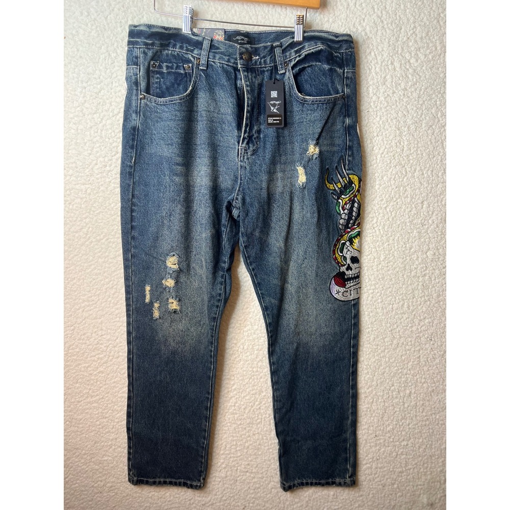 Ed Hardy Mens Slim Fit Embroidered Distressed Jeans Med VTG Size 36 MEHD8301-2